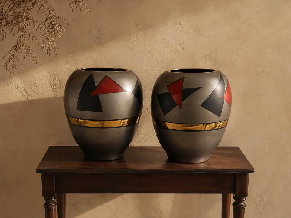 Pair of Large Postmodern Vases | Geometric Metallic Ceramic | 1980s–90s Decor, gallery view 2