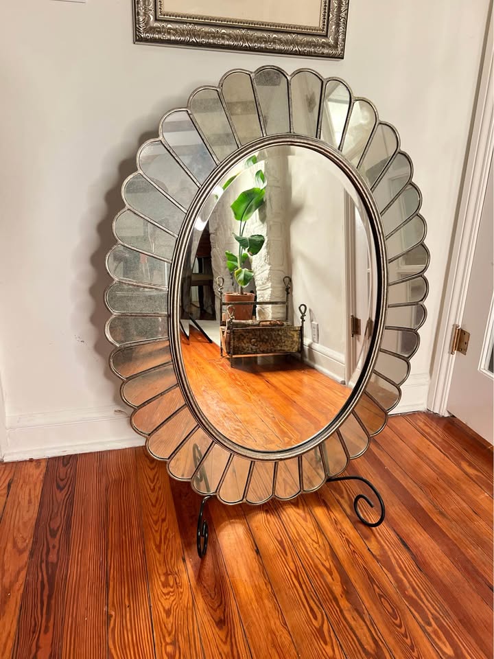 Bassett Oval Wall Mirror | Scalloped Silver Frame | Hollywood Regency Style, gallery view 3
