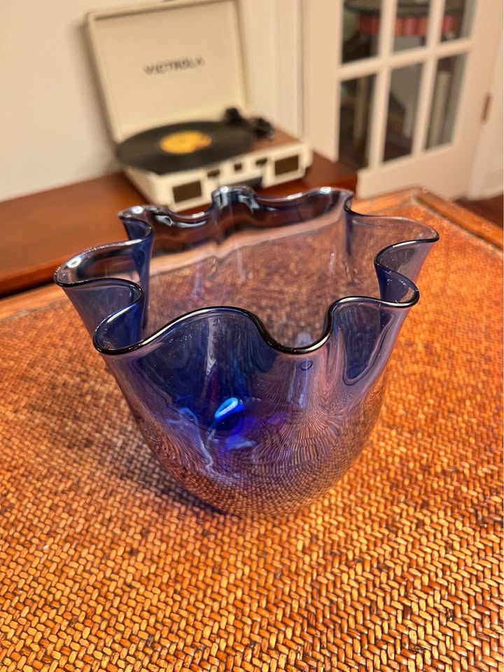 Cobalt Blue Hand Blown Art Glass Bowl | Vintage Murano Style Ruffled Edge, gallery view 2