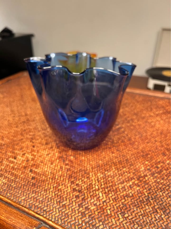 Cobalt Blue Hand Blown Art Glass Bowl | Vintage Murano Style Ruffled Edge, gallery view 4
