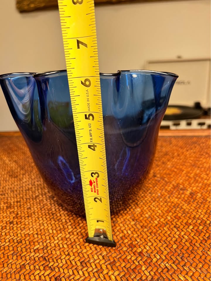 Cobalt Blue Hand Blown Art Glass Bowl | Vintage Murano Style Ruffled Edge, gallery view 6